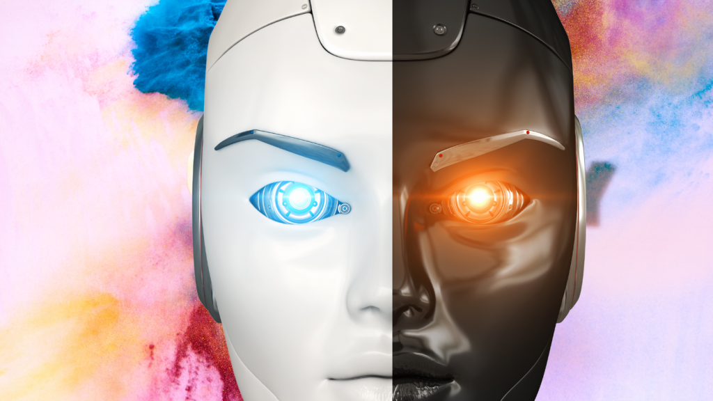 AI's dual role in creativity represented by a half-white, half-black humanoid robot with glowing eyes, symbolizing both innovation and challenges in artificial intelligence.