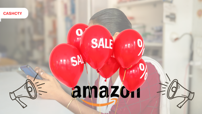 Amazon India sale 2025 – shopper browsing deals with red discount balloons and CashCry logo, highlighting best shopping events.