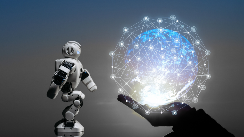 A humanoid robot and a human hand holding a glowing digital globe, symbolizing the harmonious co-creation between AI and human intelligence.