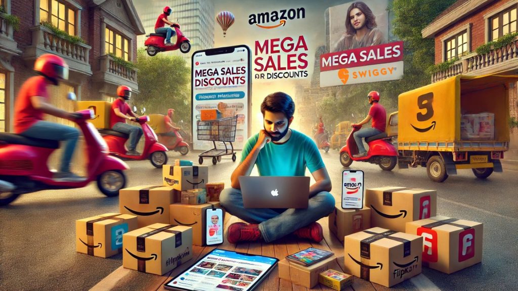 A young Indian surrounded by parcel boxes, shopping online with ads for mega sales flashing on screens.