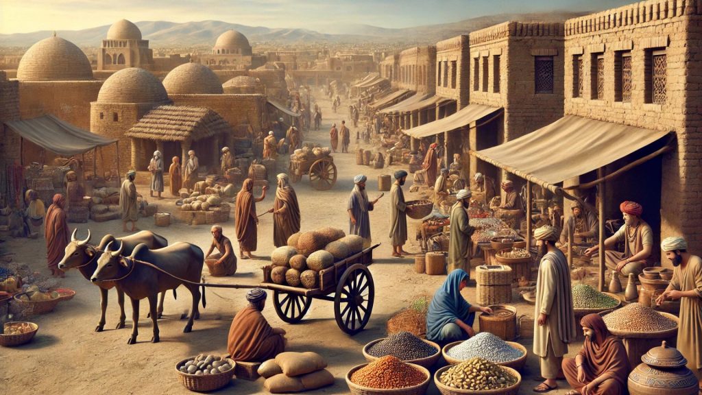  A vibrant Indus Valley marketplace with traders bartering spices, beads, and gold, surrounded by bullock carts.