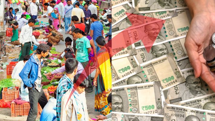 A visual contrast of Indian consumerism, showing a bustling market on one side and currency with a red arrow on the other.