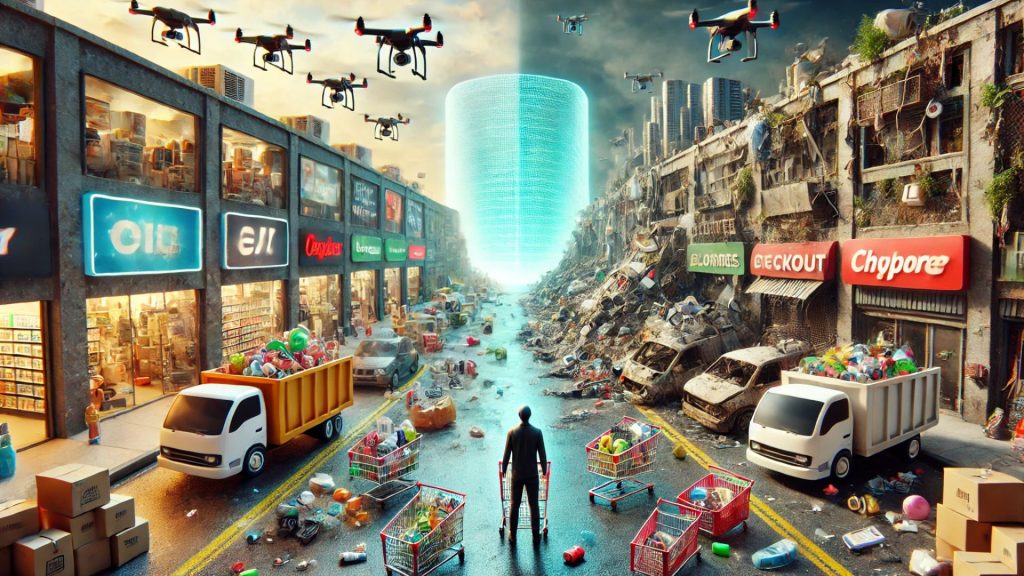 A futuristic city split between AI-driven shopping and environmental destruction, symbolizing sustainability vs. excess.