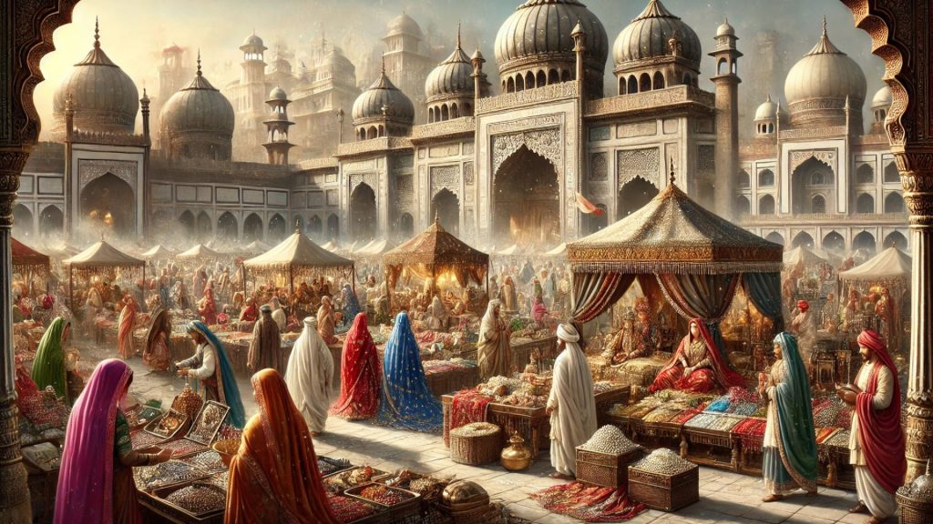 A lavish Mughal marketplace with nobles buying silk, spices, and dazzling jewelry, set against grand marble palaces.