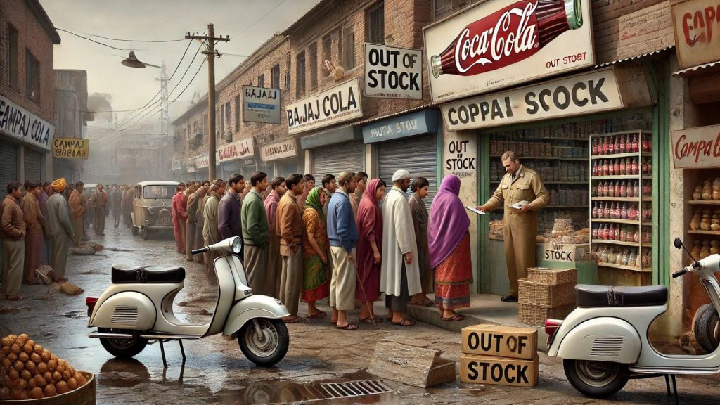 A socialist-era Indian market with people waiting in lines, scarce goods, Bajaj scooters, and Campa Cola replacing Coke.