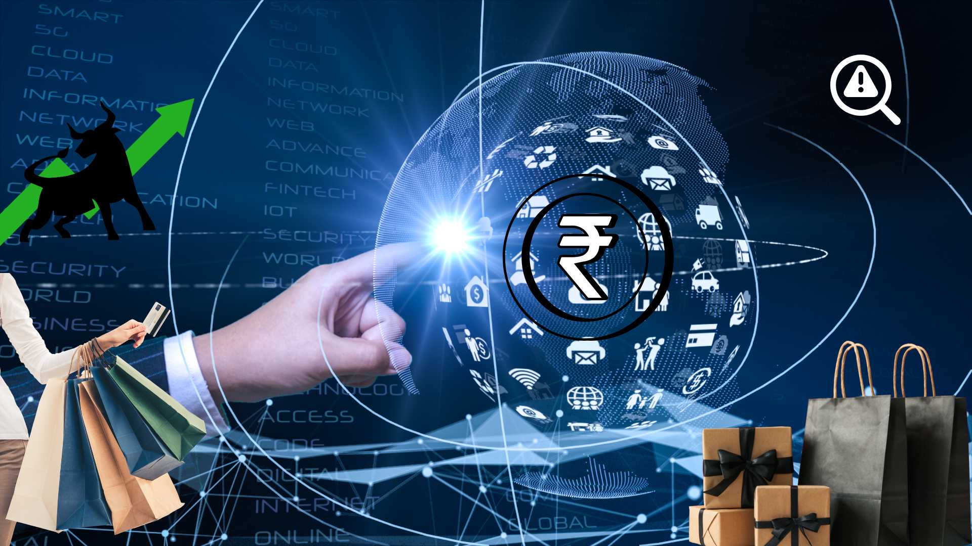 Futuristic AI-driven finance and shopping concept with digital rupee, shopping bags, and financial icons.