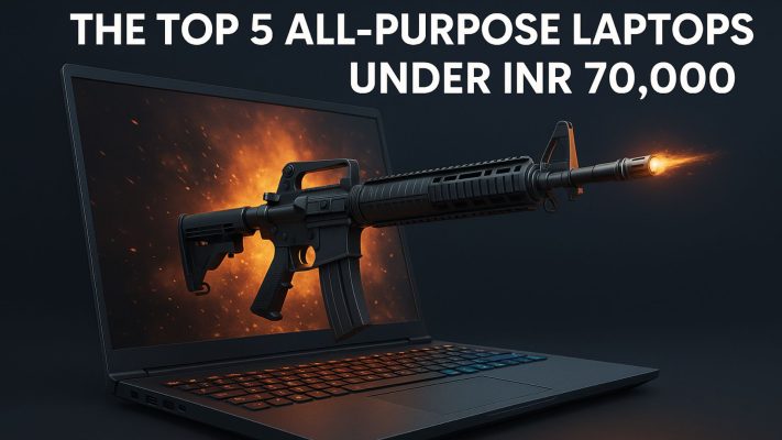 A Gun pointing out of a laptop representing a gaming laptop.